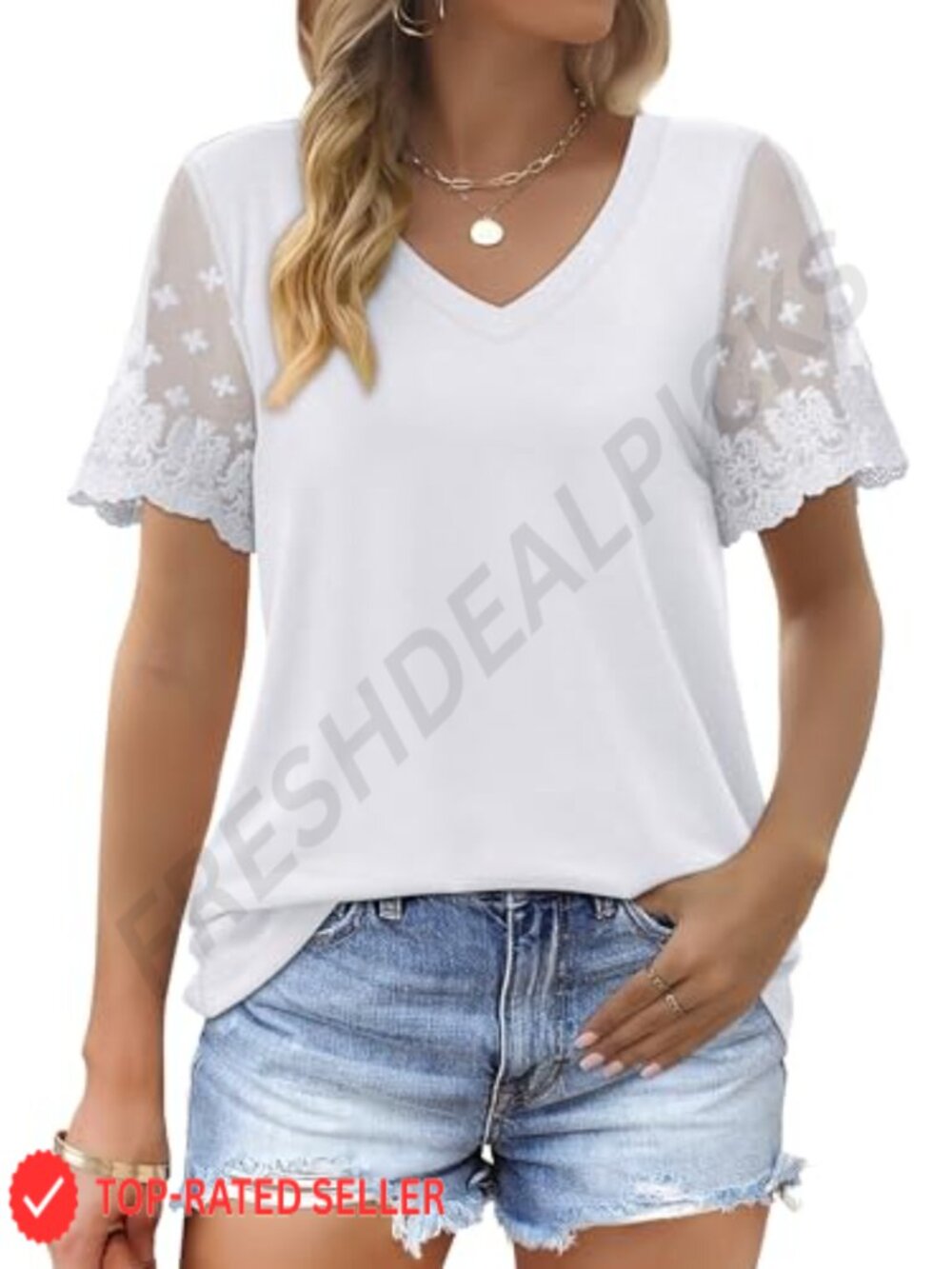 Women's V-Neck Lace Short Sleeve T-Shirt Loose Fit Curved Hem Casual Top